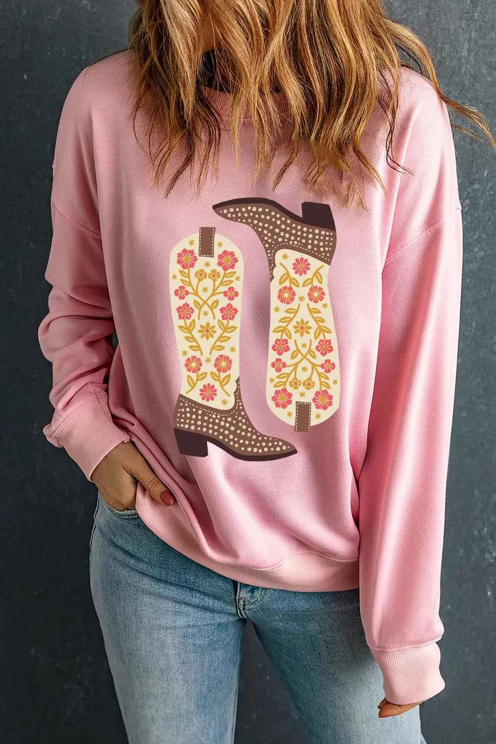 Boot Graphic Long Sleeve Sweatshirt Blush Pink 21aaed01-aa12-49ca-84af-2edf6f6fa13f-Max