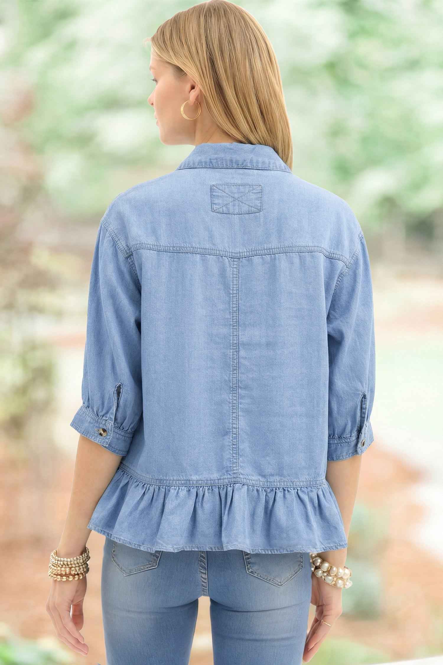 Beau Blue Half Sleeve Button Down Ruffled High Low Chambray Shirt 21ac3c231b9b38a5