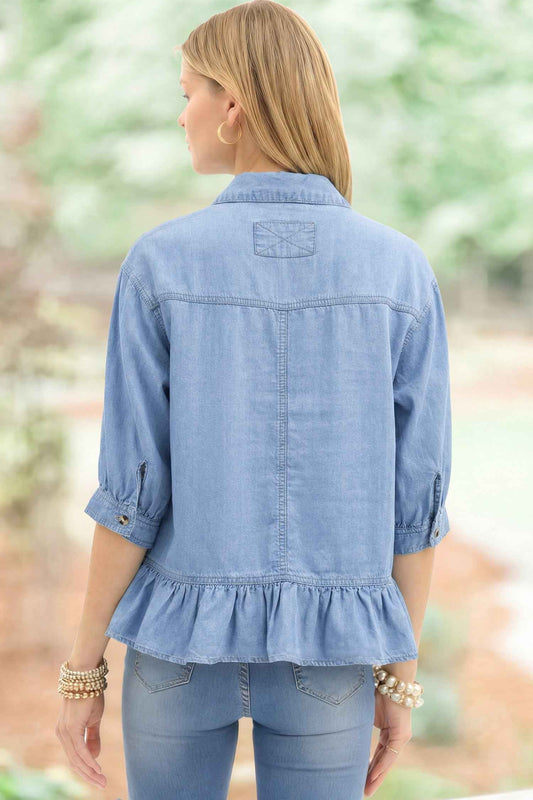 Beau Blue Half Sleeve Button Down Ruffled High Low Chambray Shirt 21ac3c231b9b38a5