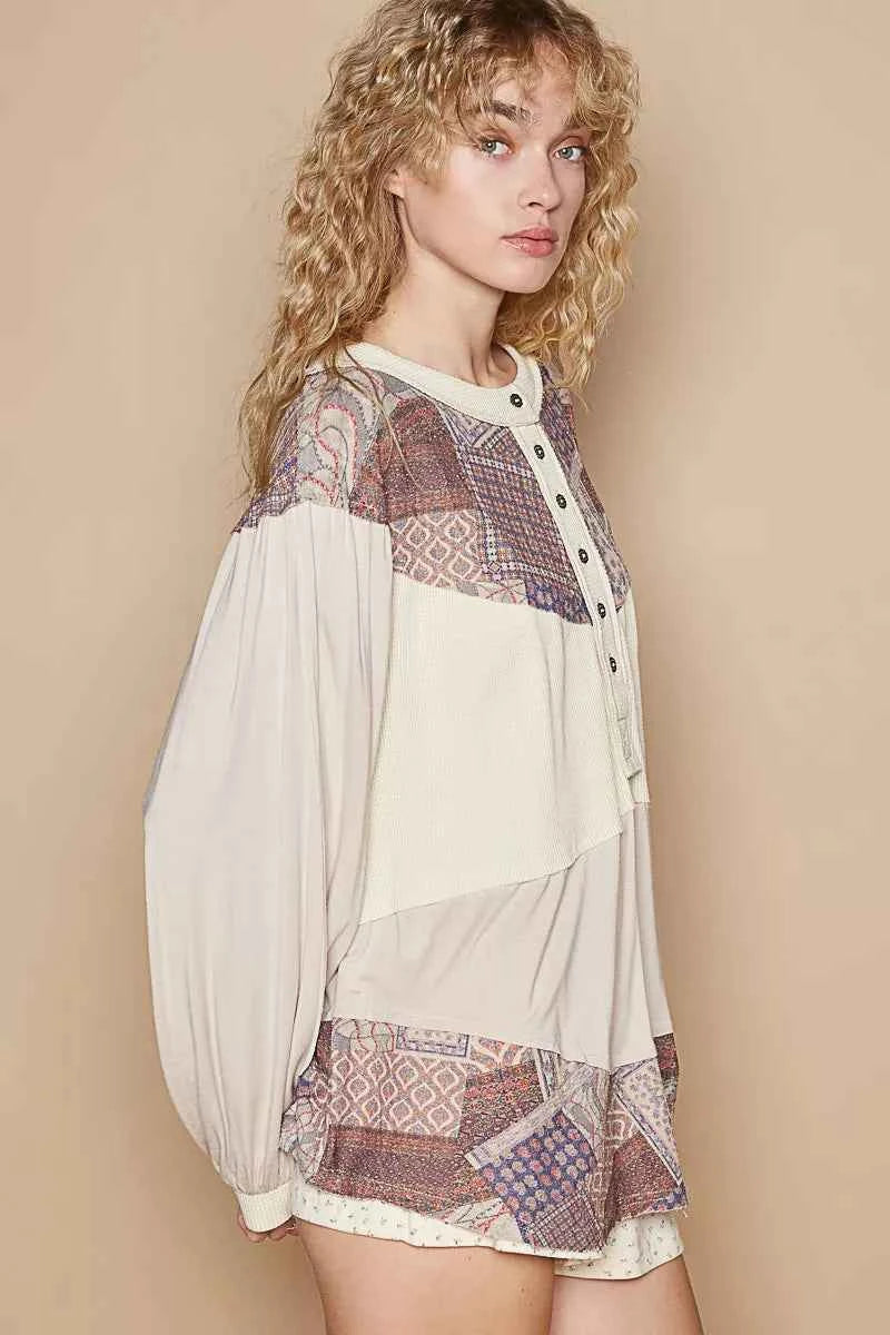POL Half Button Balloon Sleeve Top with Printed Knit Contrast