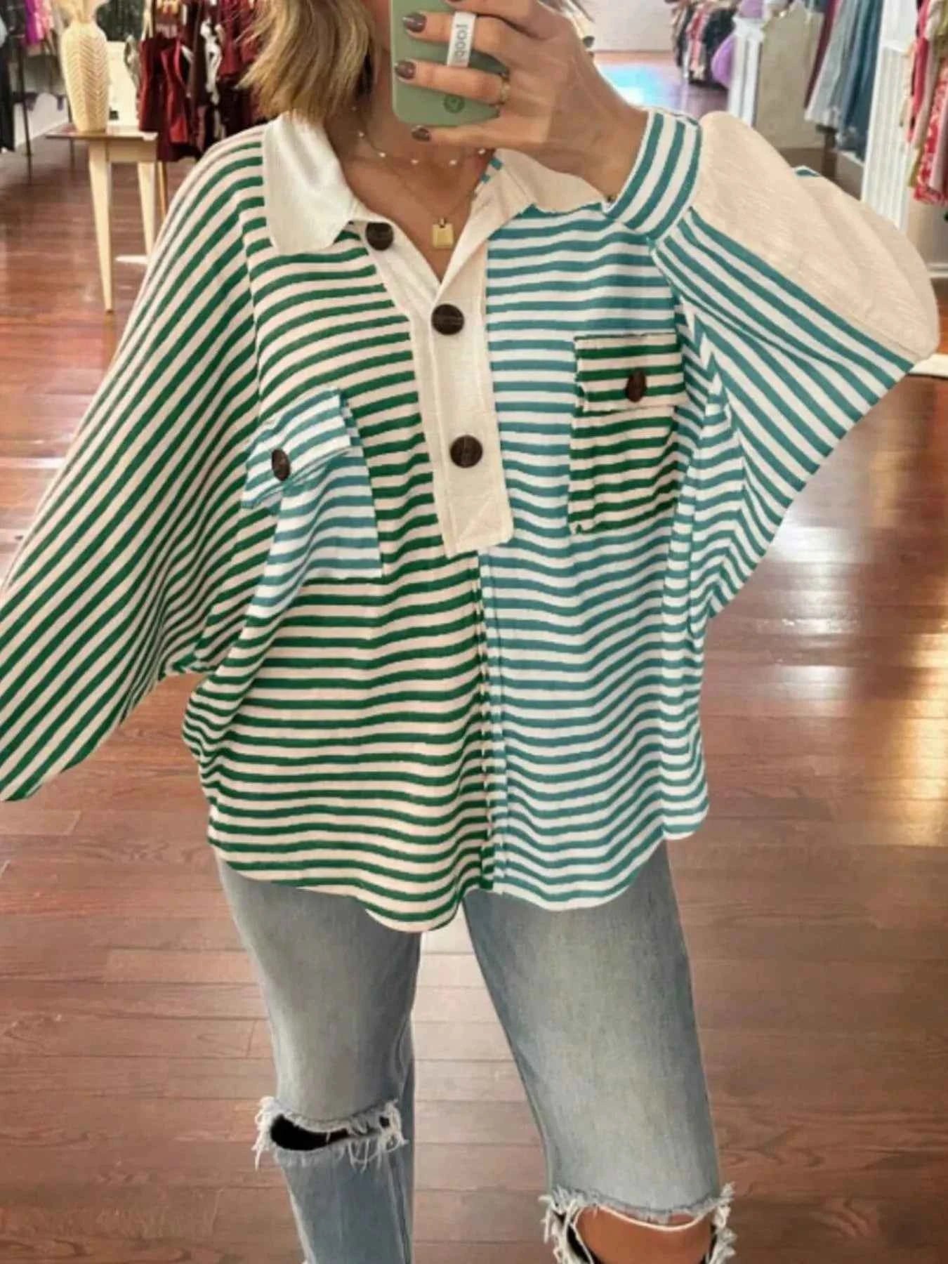 Striped Oversized Half Button Sweatshirt Gum Leaf 21b24a85-8d5c-44c8-9f1a-bcb782bbeffd-Max-Origin