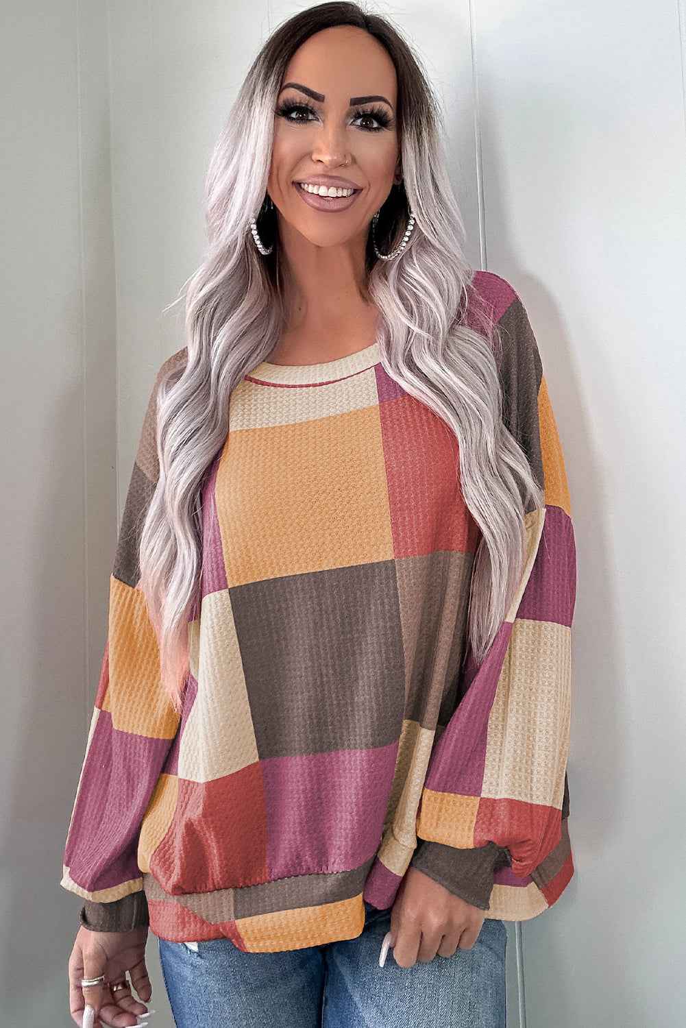 Green Checkered Print Textured Knit Long Sleeve Loose Top 21b871aa357e48a1