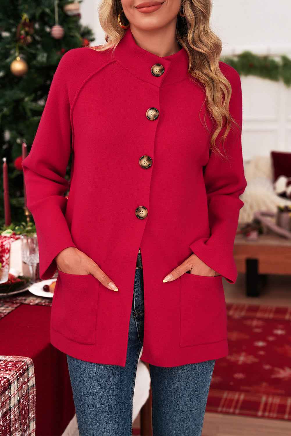 Fiery Red Solid Color Mock Collar Loose Jacket 21bad65ba932d67e