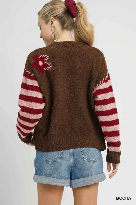 Flower Jacquard Striped Long Sleeve Sweater 21c047fa-ab8b-4642-844e-82e00d5477eb-Max-Origin