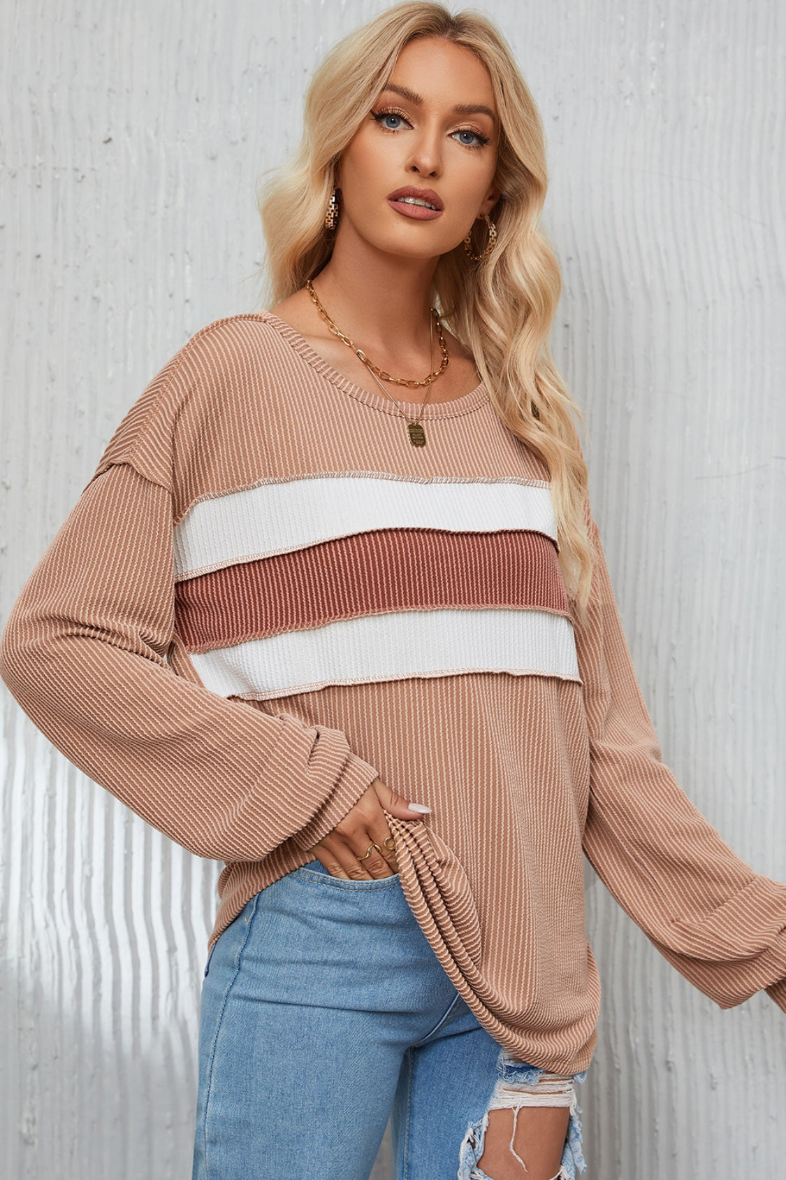 Ribbed Color Block Exposed Seam Round Neck Blouse