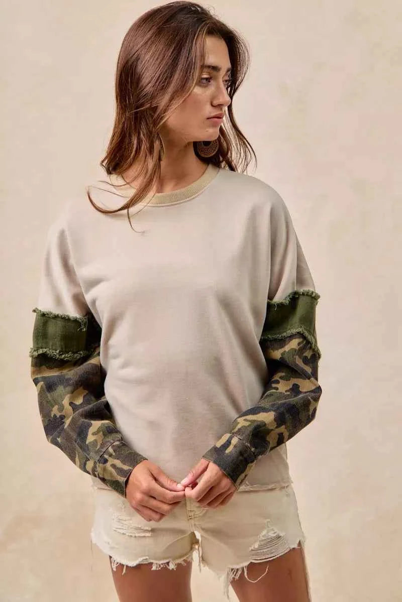 BiBi Camo Sleeve French Terry Top with Frayed Edge 21cbe62577584ed296e4f25495ffc8fa-Max-Origin