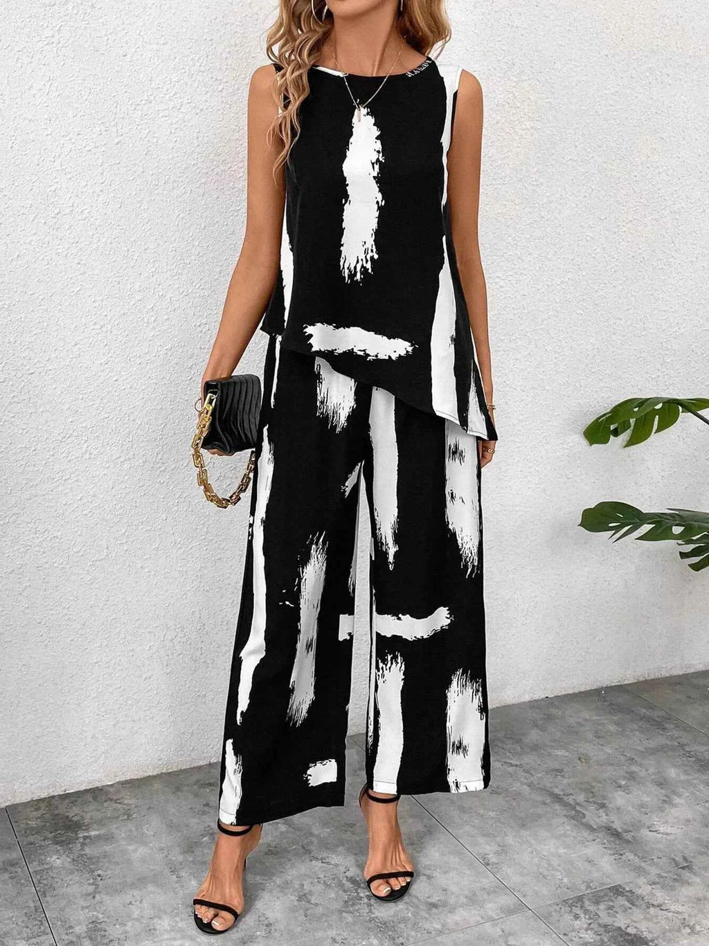 Abstract Print Sleeveless Top & Wide Leg Pants Set Black 21cbe9059d2641ebb999068903427650-Max-Origin