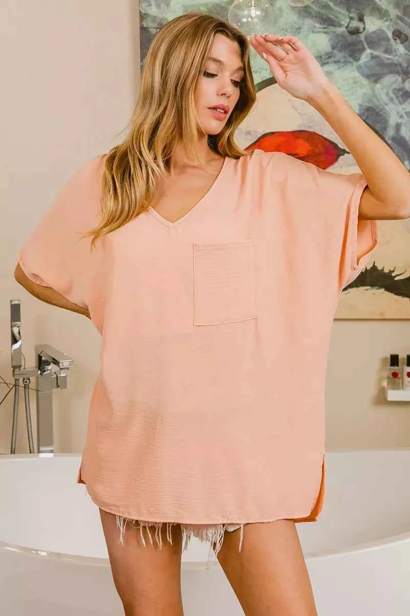 BiBi Woven V Neck Hi-low Boxy Top With Front Pocket PEACH 21cc5106-a15e-45d5-8bdd-4d9bcab94427-Max-Origin