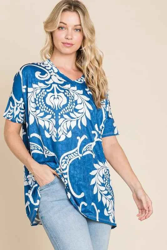 BOMBOM Printed Relaxed V-Neck Tunic Top Blue 21d176eea8254e7c8c8259ca73506b0c-Max-Origin