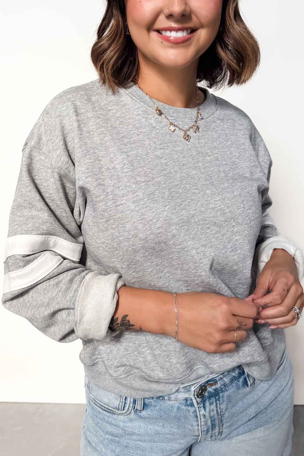 Light Grey Varsity Striped Detail Crew Neck Plus Sweatshirt Light Grey 65%Polyester+35%Cotton 21dbc60df08772e5