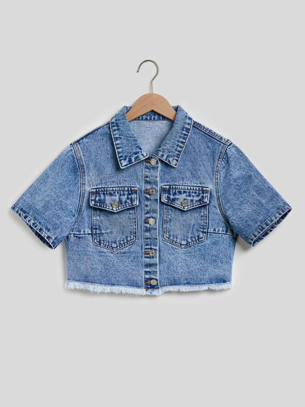 Cropped Short Sleeve Denim Jacket with Frayed Hem 21dd1146876a41259fb93c858e6ade77-Max-Origin
