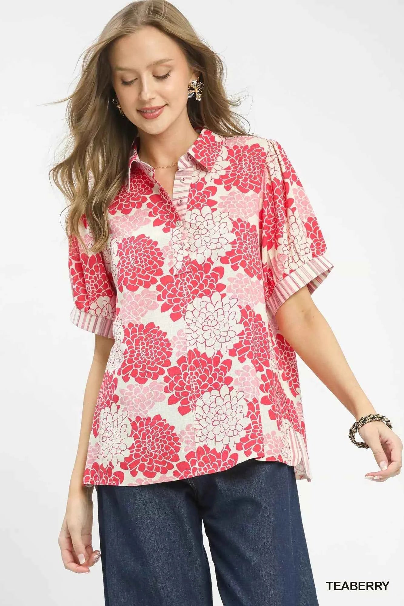 Umgee Floral Collared Short Sleeve Blouse TEABERRY 21de426c-a7f1-445d-a03b-c3bd27aad7f0-Max-Origin