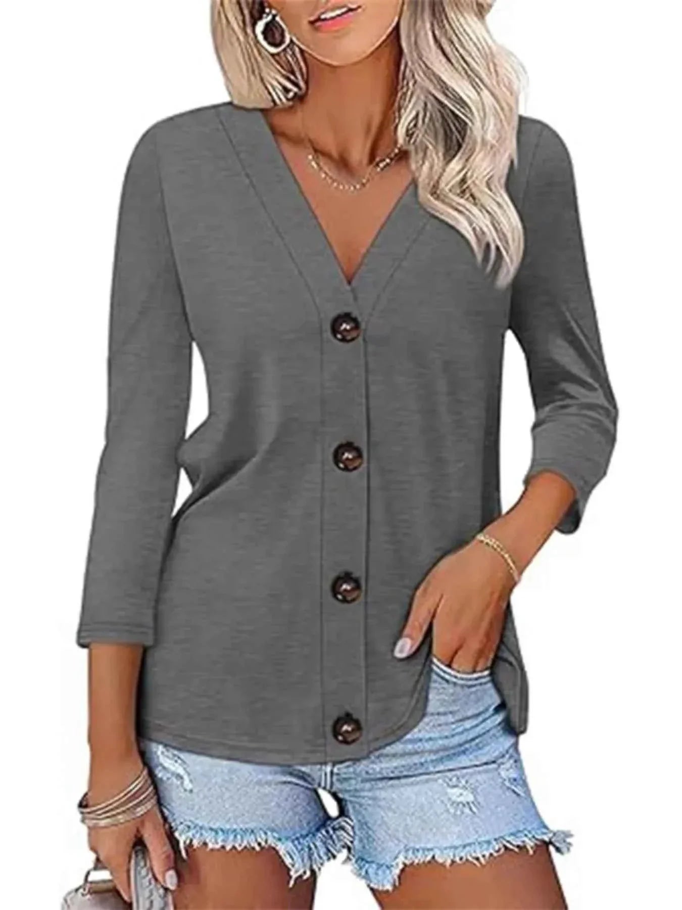 V-Neck Button Front Casual Top Gray 21dee57bb1e247078e8328ca81ffabea-Max-Origin