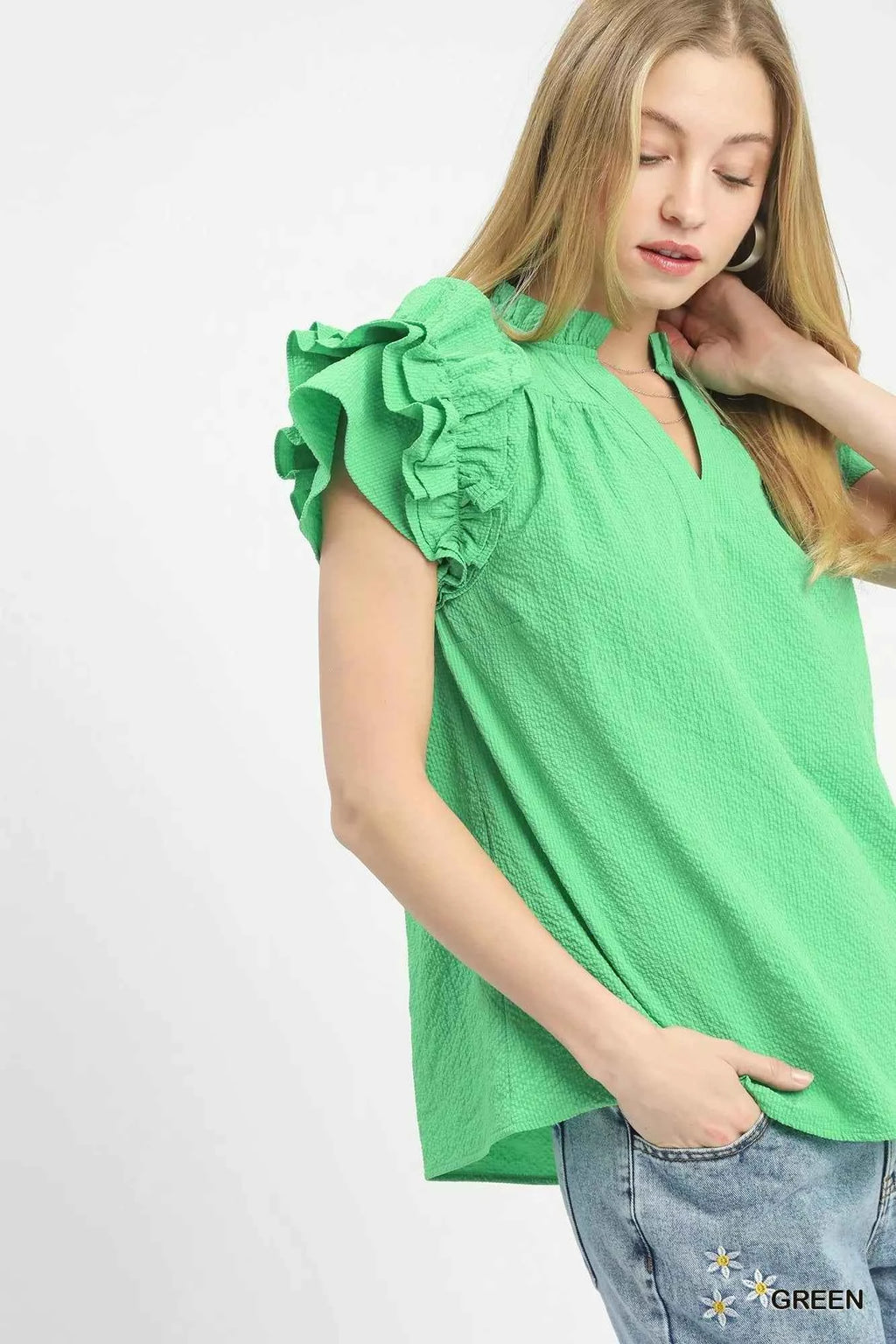 Umgee Textured Ruffle Sleeve Notched Top 21e2b4aa-5b3c-4651-afe5-1c1260daabc8-Max-Origin