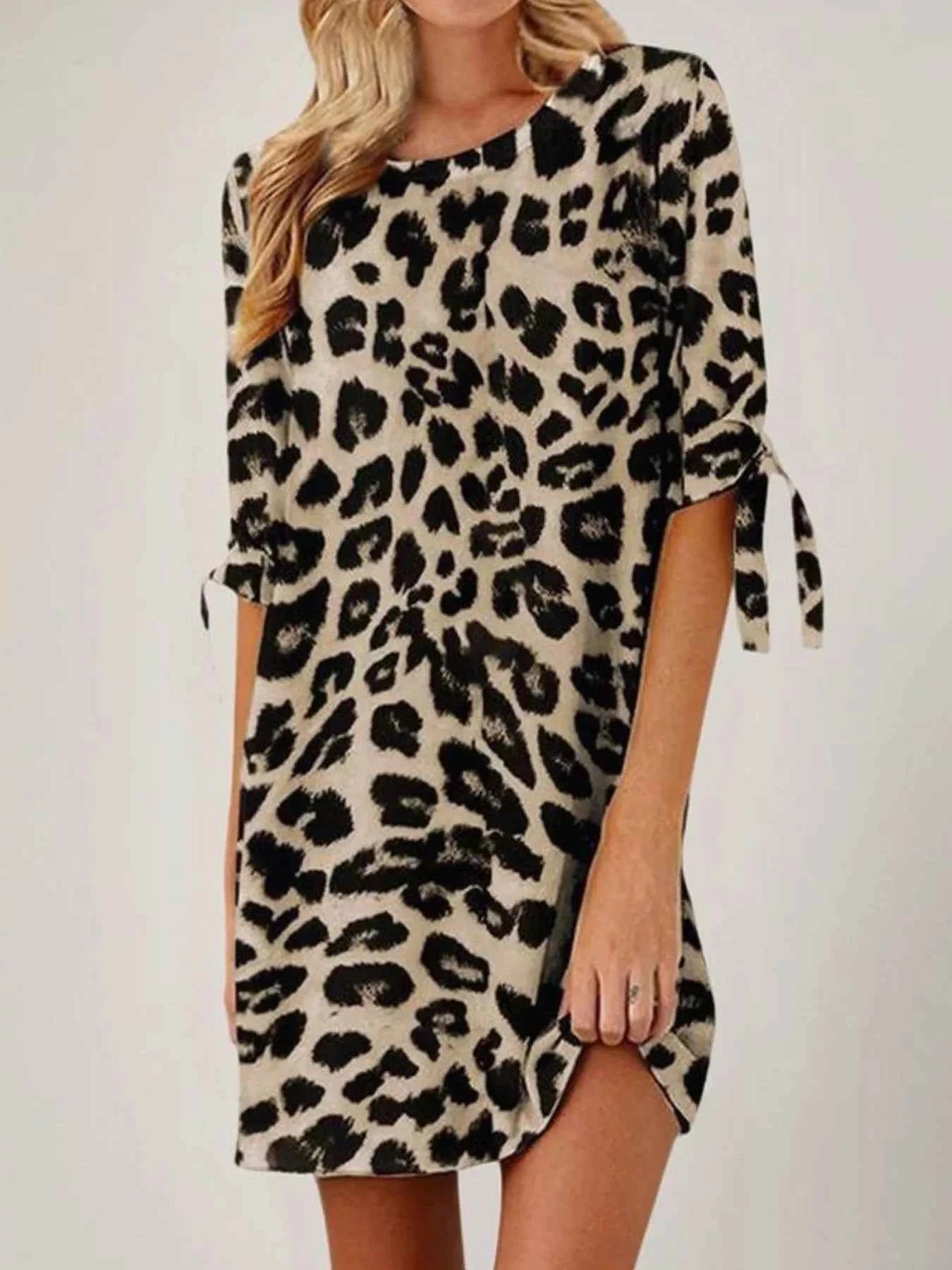 Leopard Round Neck Half Sleeve Dress Khaki 21e3ea87-376c-4227-a358-d54c4497e717-Max-Origin