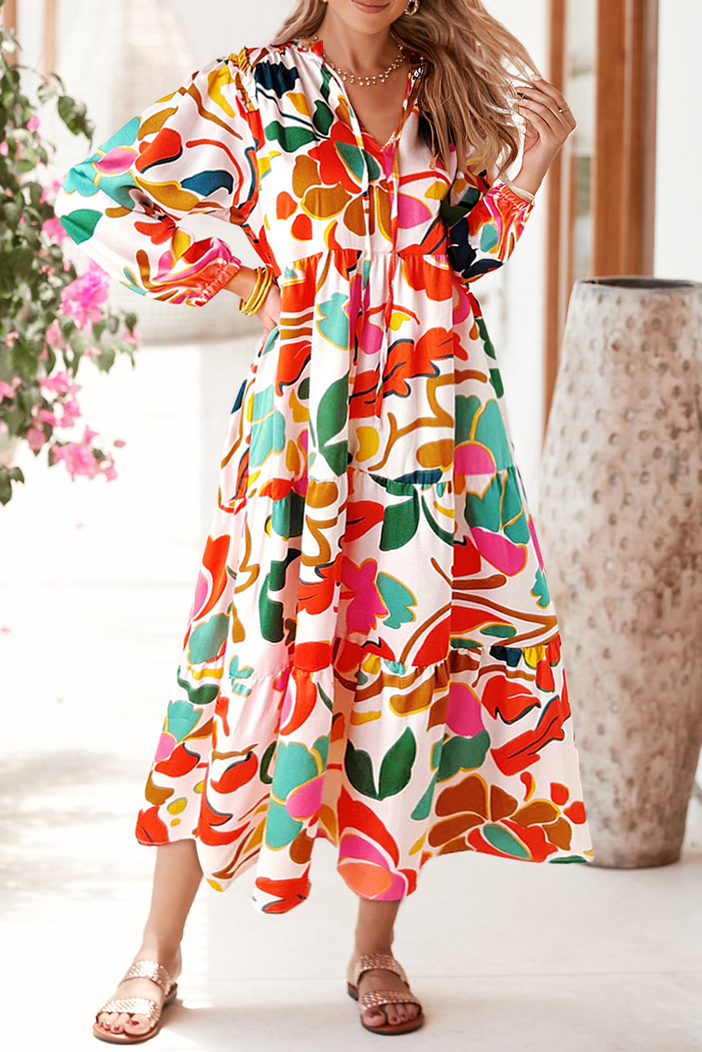 Orange Abstract Tie V Neck Tiered Maxi Dress 21e614d6700de945