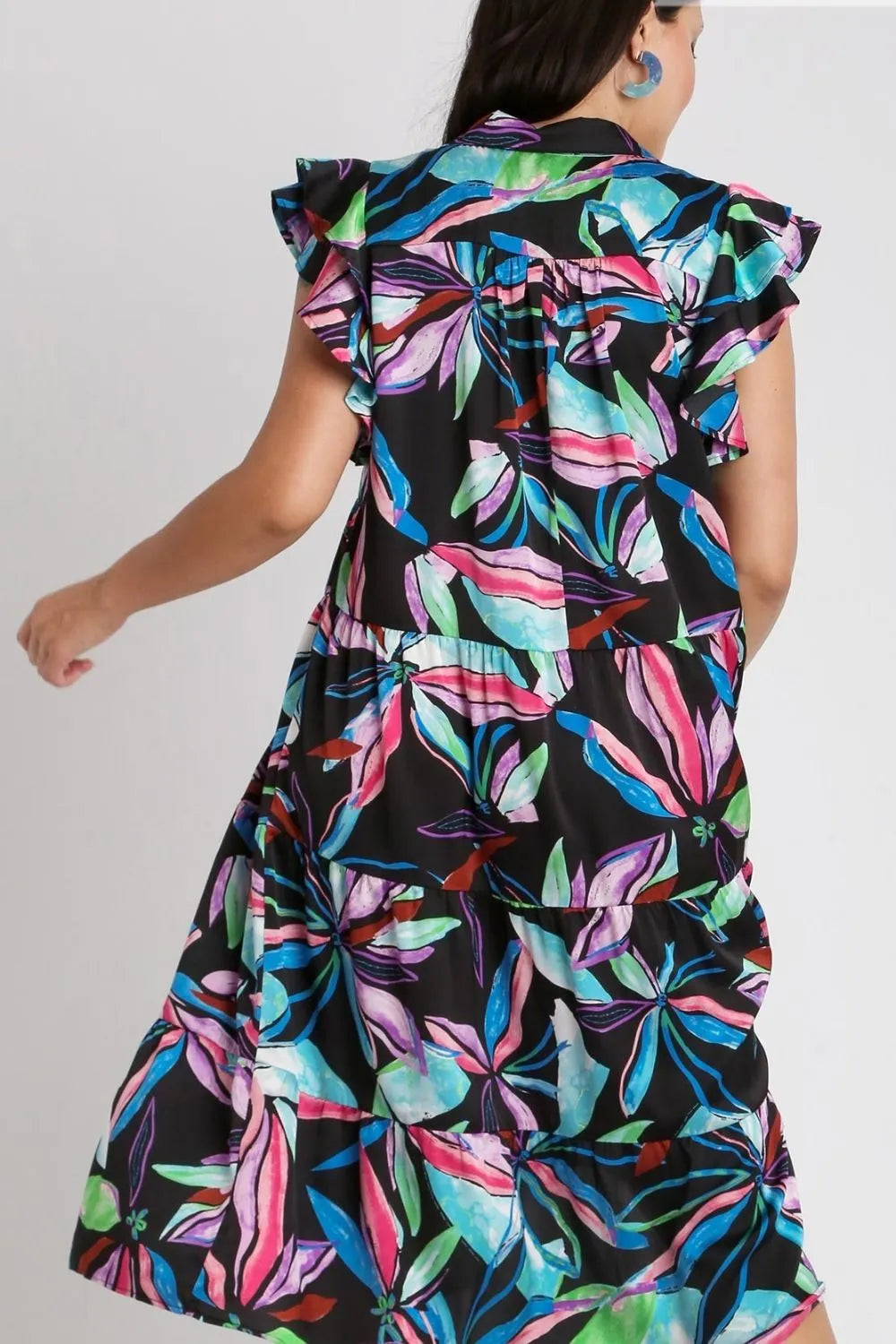 Umgee Full Size Leaf Print Double Layered Ruffle Sleeve Tiered Midi Dress Plus Size 21e9abd1-86ef-4955-a5f0-35066b96ae7a-Max