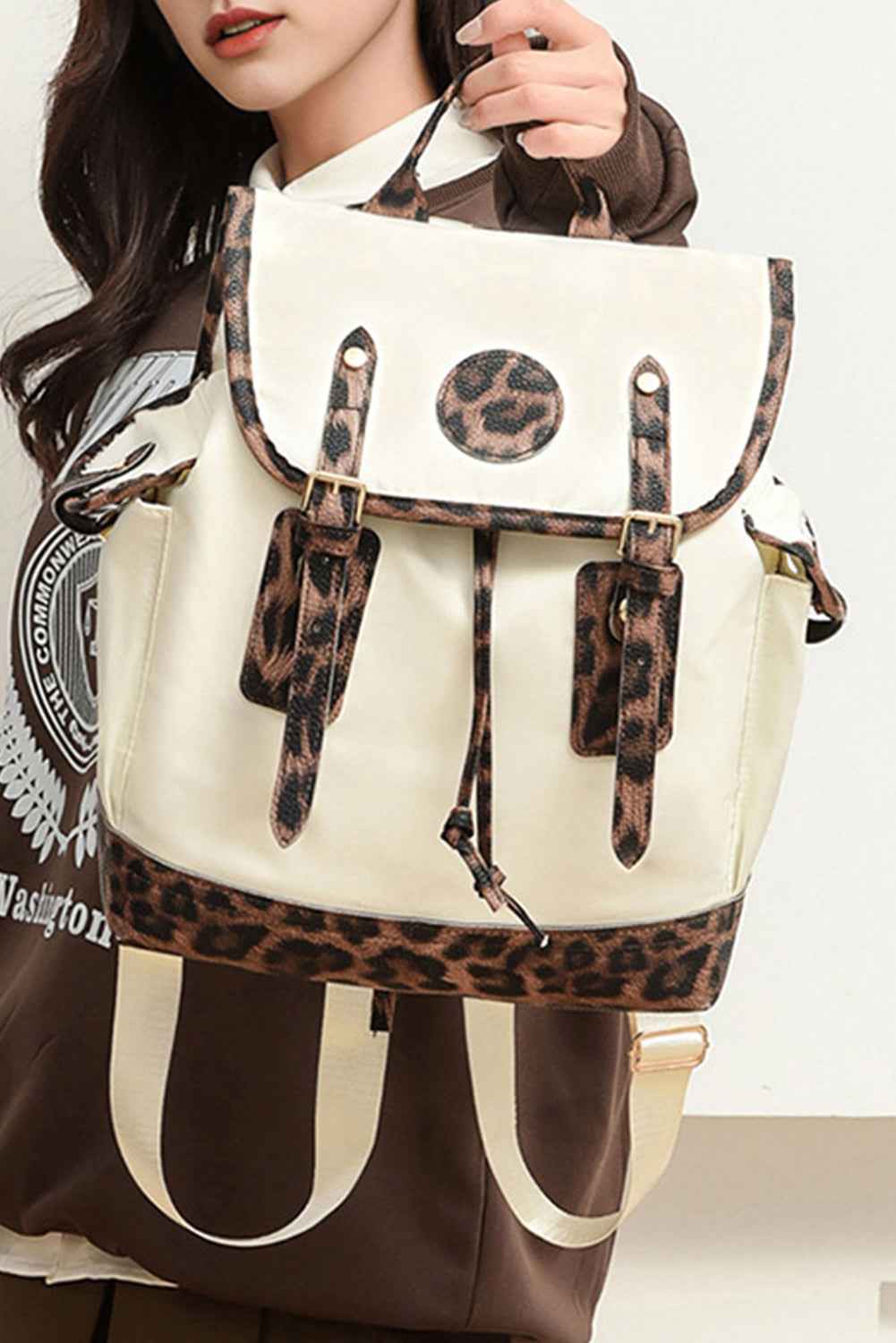 White Leopard Patchwork Casual Backpack White ONE SIZE 100%Polyester 21ed3a9e2a1b765f