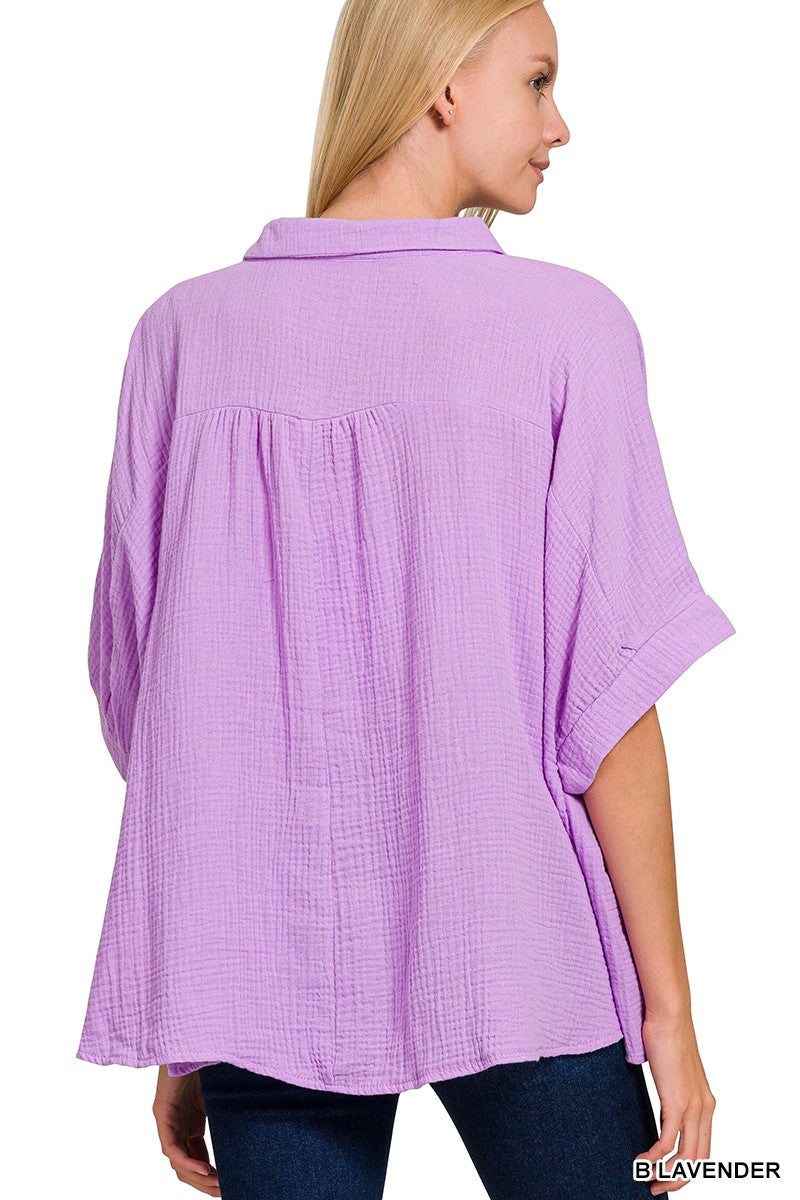 Zenana Double Gauze 3/4 Sleeve Button Up Shirt 21f195923f914be19c1b88ecfaf355f0-Max