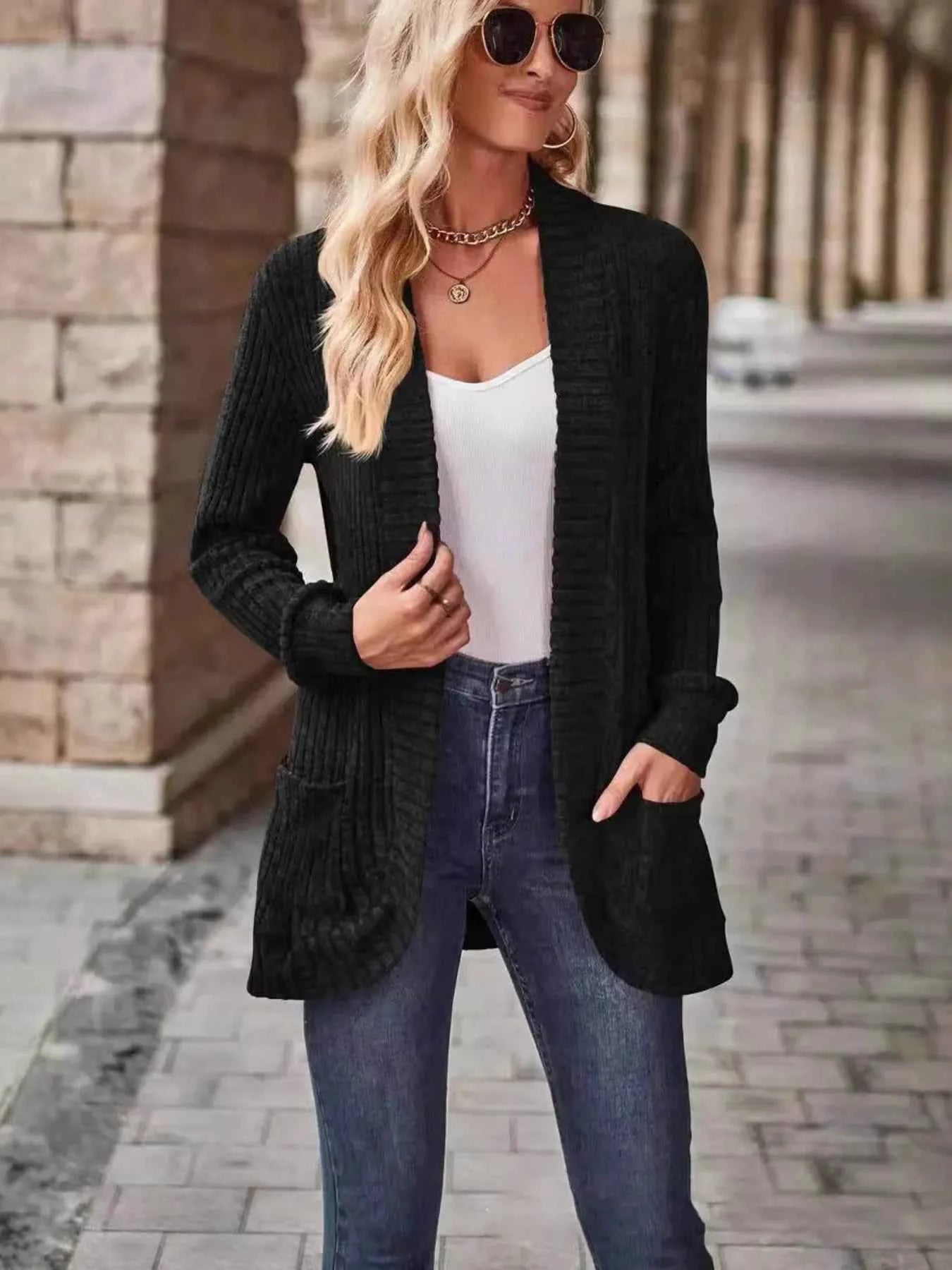Ribbed Open Front Long Cardigan with Pockets
