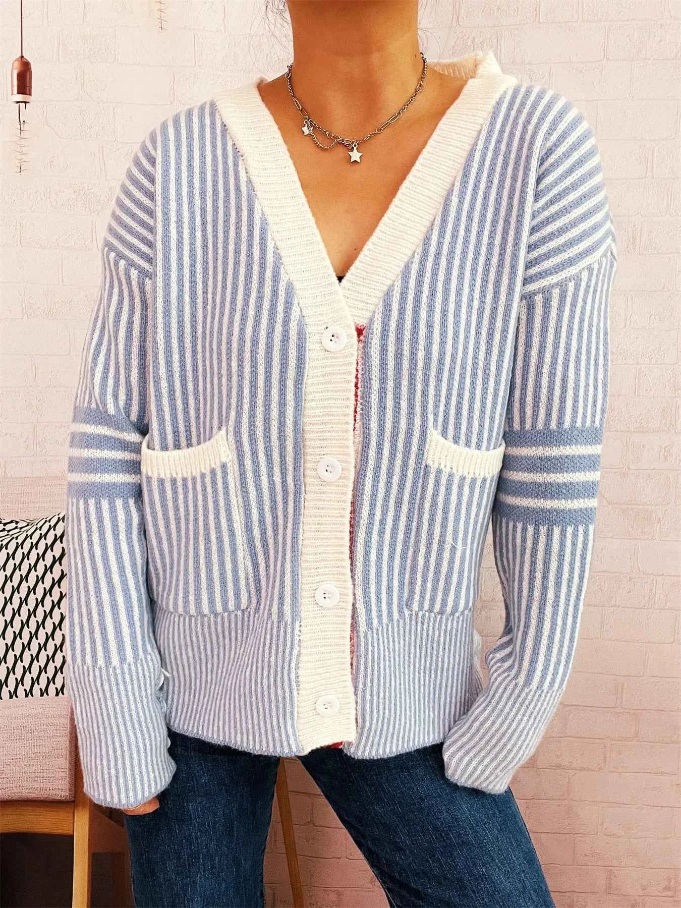 Striped Button-Front Cardigan with Contrast Trim 21f2f8cee3534886b3c6576751faa795-Max-Origin