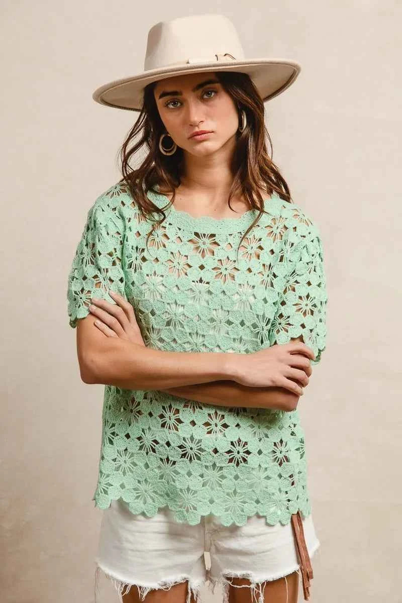 BiBi Openwork Crochet Short Sleeve Knit Top 21f72da265464360b84c78cda79637b8-Max-Origin