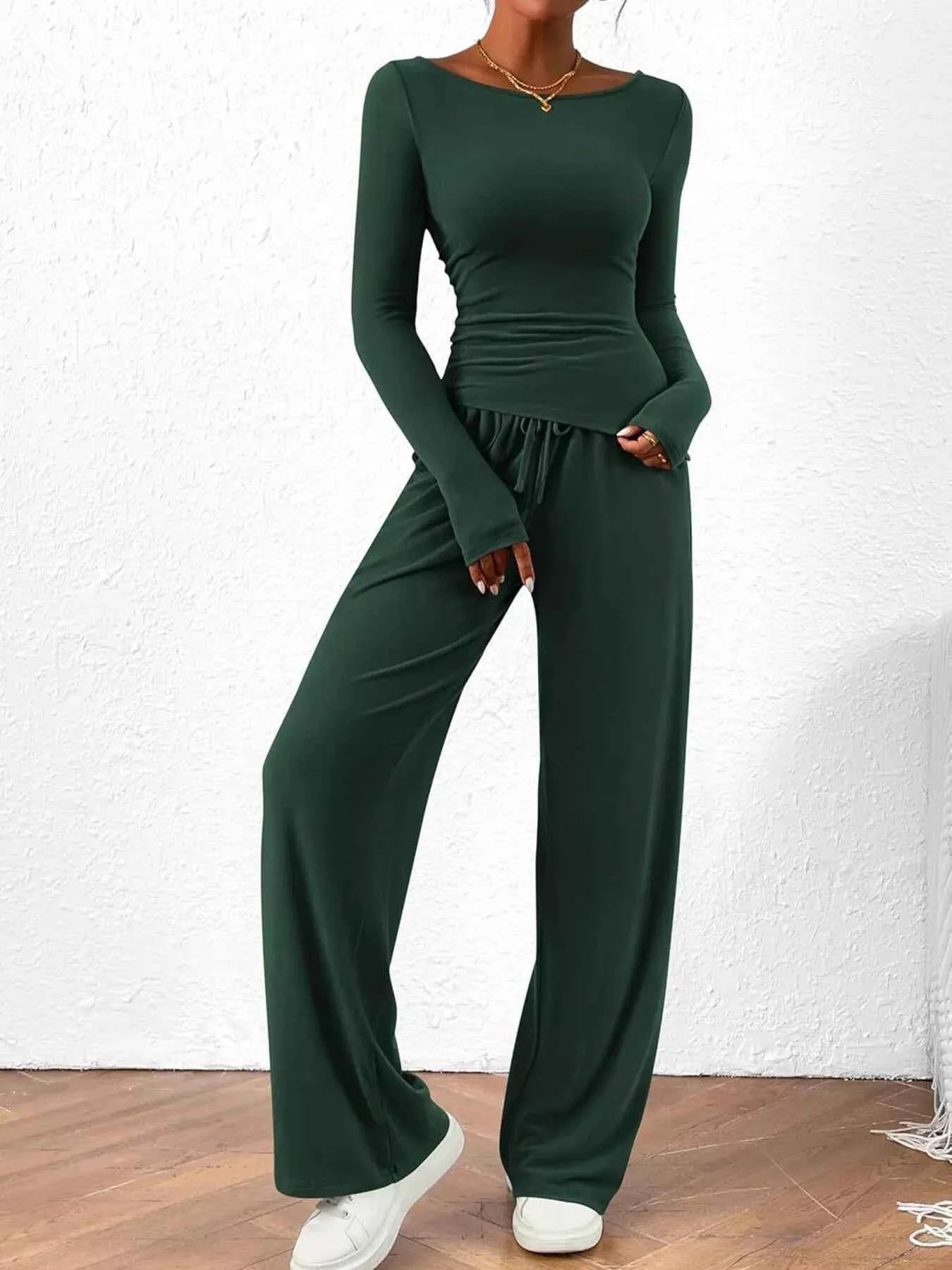 Long Sleeve Top and Wide Leg Pants Set Dark Green 21f7f4a6158349069da330fe6fa1532d-Max-Origin