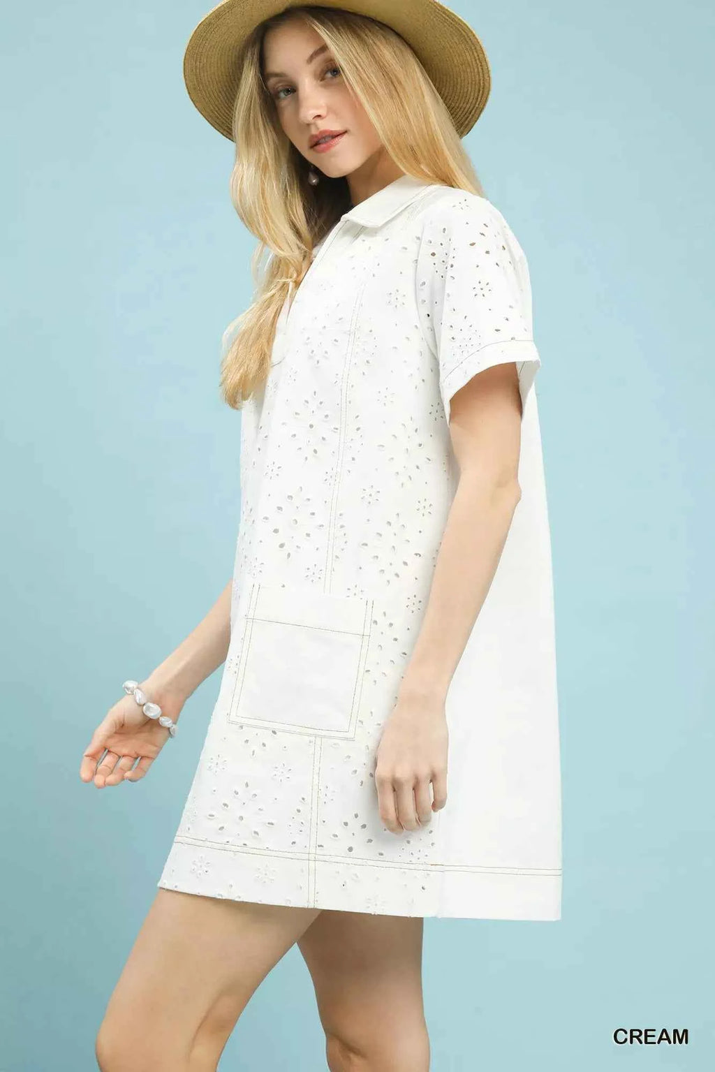 Umgee Eyelet Short Sleeve Shift Dress with Pocket 21f86b95-fd05-4b82-af51-cd56b7fb3259-Max-Origin