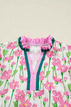 Floral Contrast V-Neck Ruffle Short Sleeve Blouse 21fdd741-2465-4b37-9d51-4618c184c387