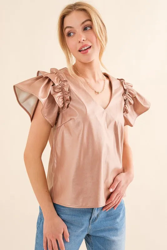 Faux Leather Metallic V-Neck Top with Ruffle Sleeves 21fe29ba155d48aab99f66a793d42369-Max-Origin