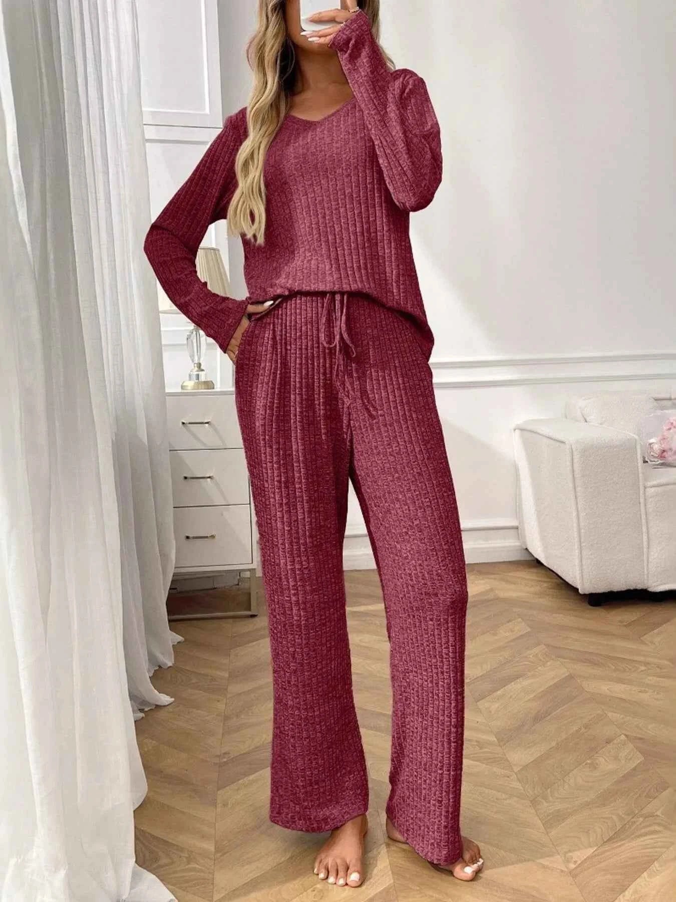 Ribbed Long Sleeve Top and Pants Lounge Set 2200fe4561a94d28aca3295fde955e4c-Max-Origin