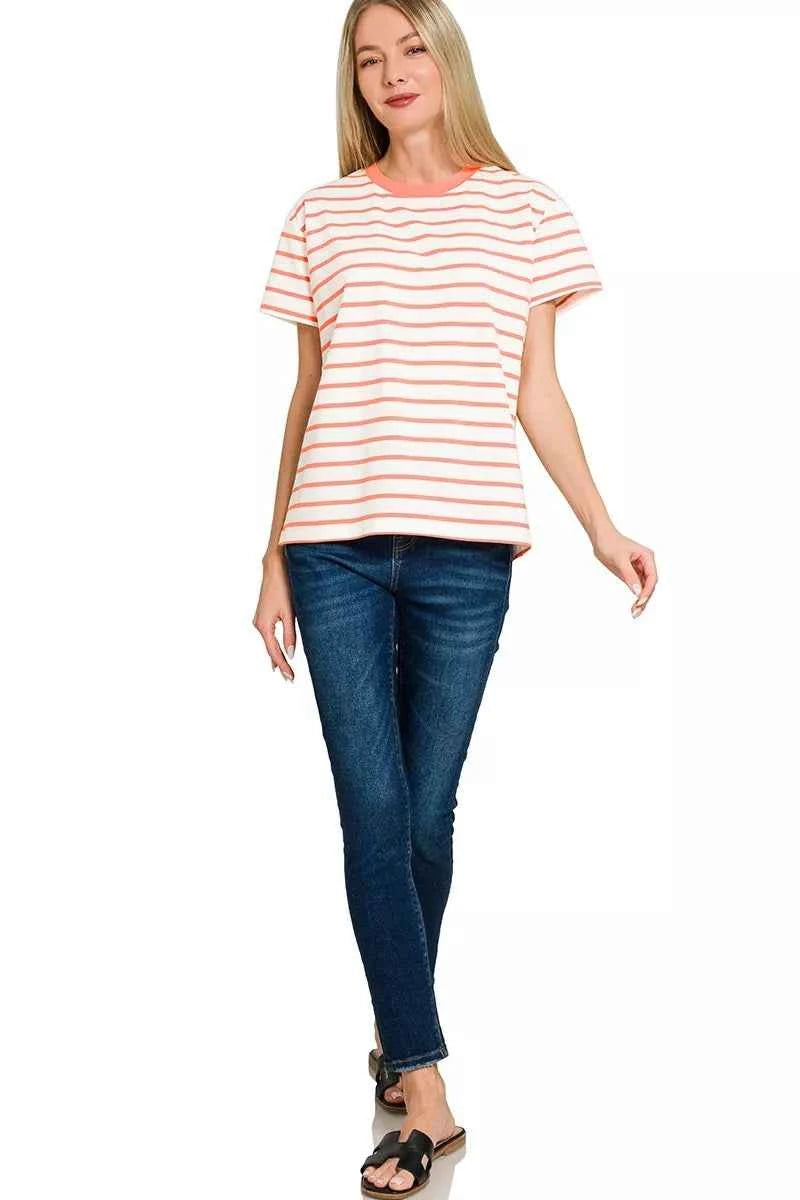 Zenana Striped Round Neck Short Sleeve T-Shirt 220145d3332d4d6292cda7492330a3e2-Max-Origin