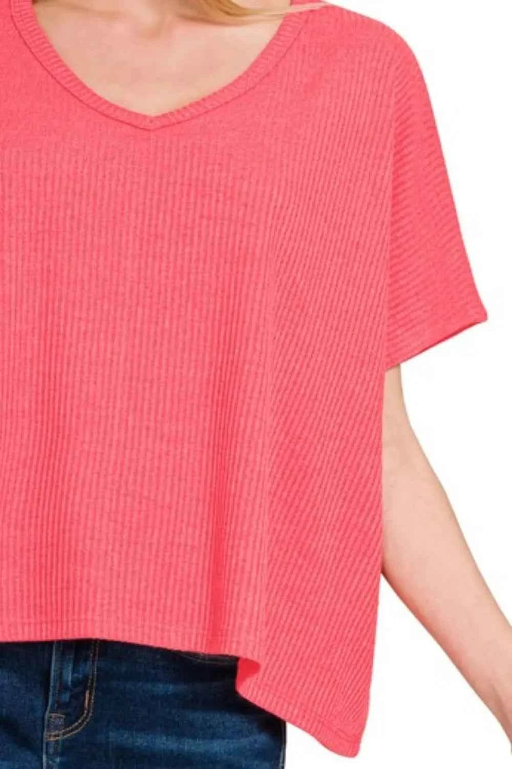 Zenana Ribbed V-Neck Short-Sleeve Knit Top 2208ece8-97a5-4823-926e-5fecaaa14754-Max-Origin