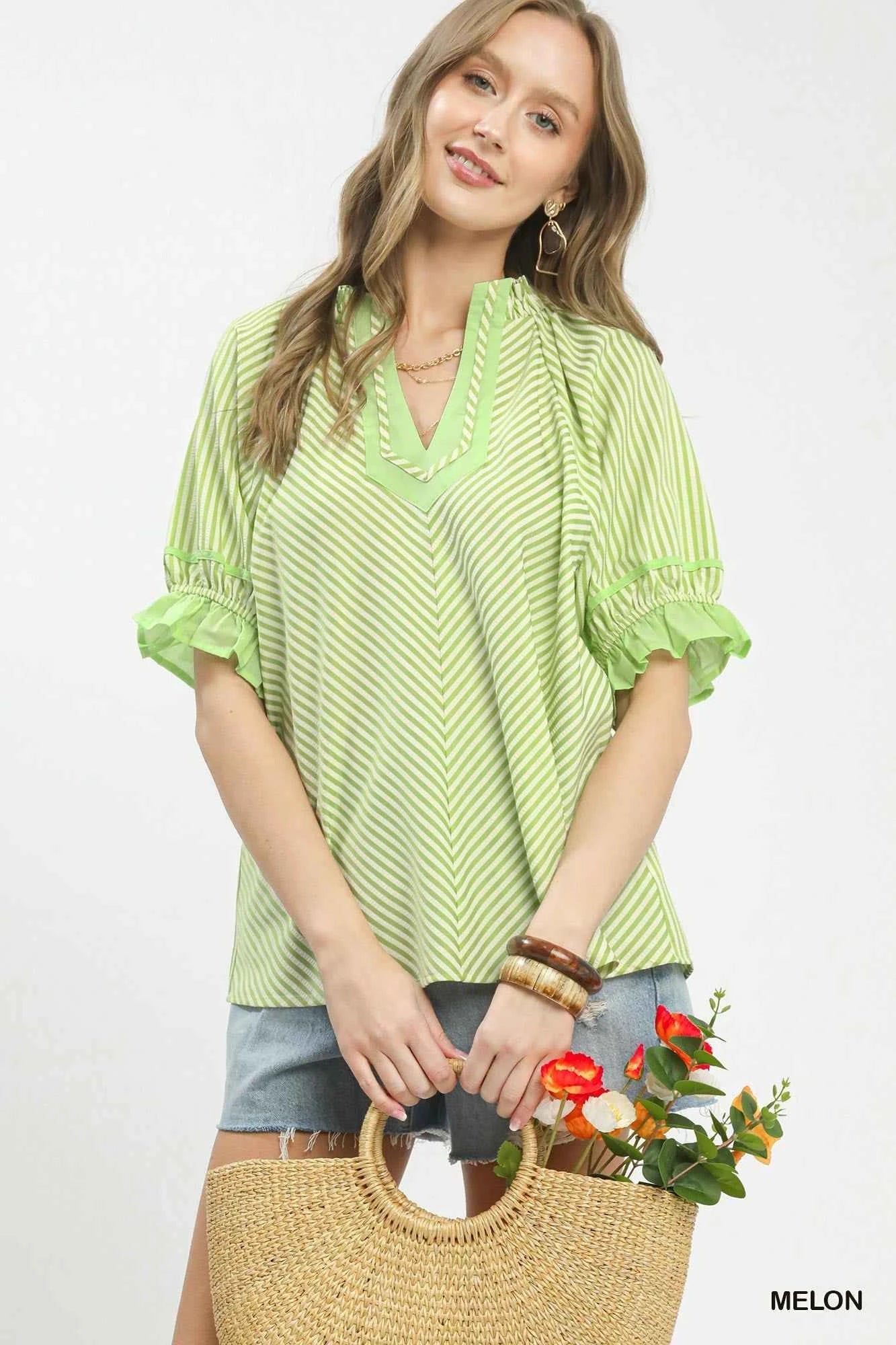 Umgee Stripe Ruffle Sleeve Split-Neck Blouse MELON 22095c24-fee0-4853-b5b6-8eb5d39678ac-Max