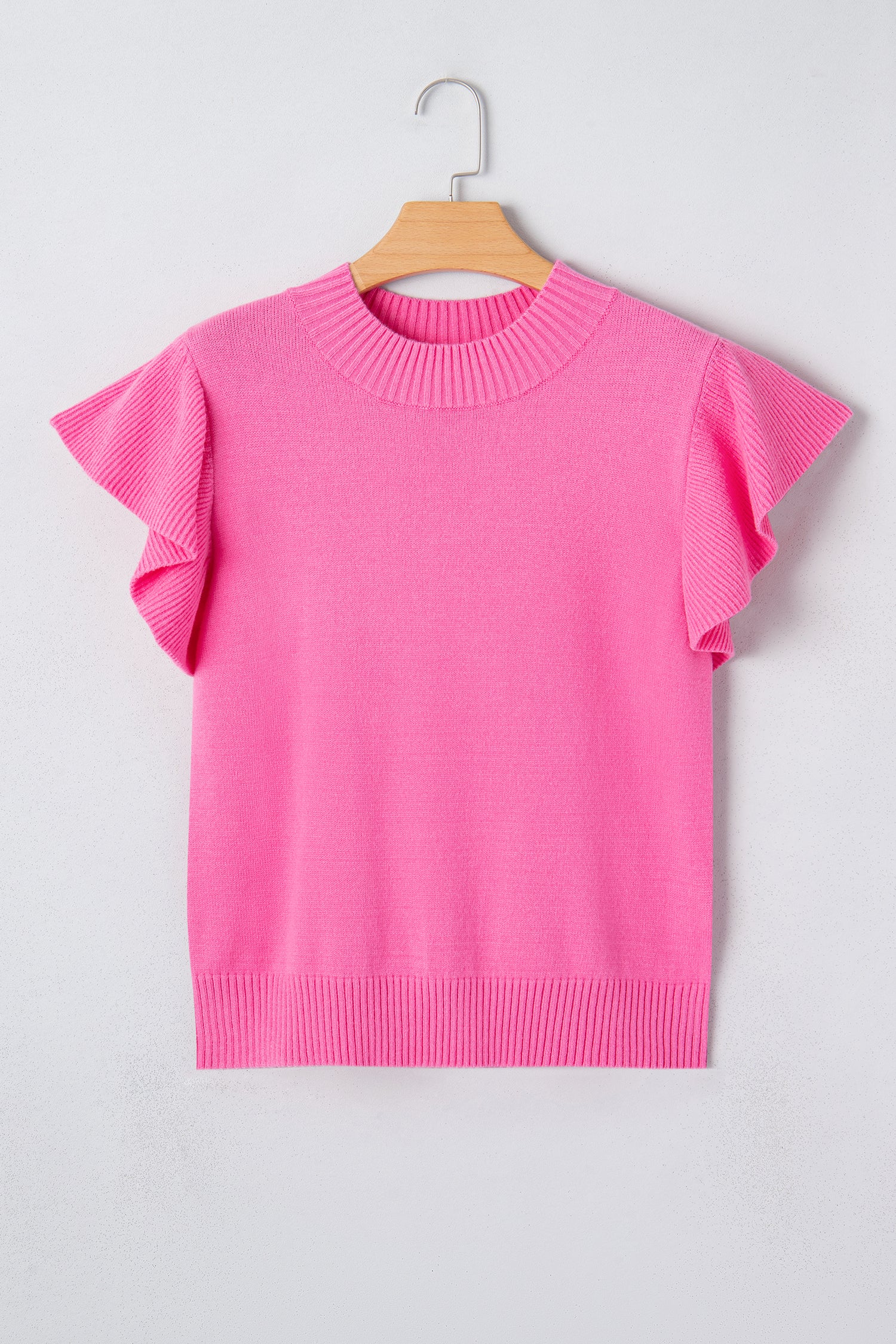Sachet Pink Solid Color Ribbed Trim Round Neck Ruffle Short Sleeve Sweater 220ed4a58e486a8e