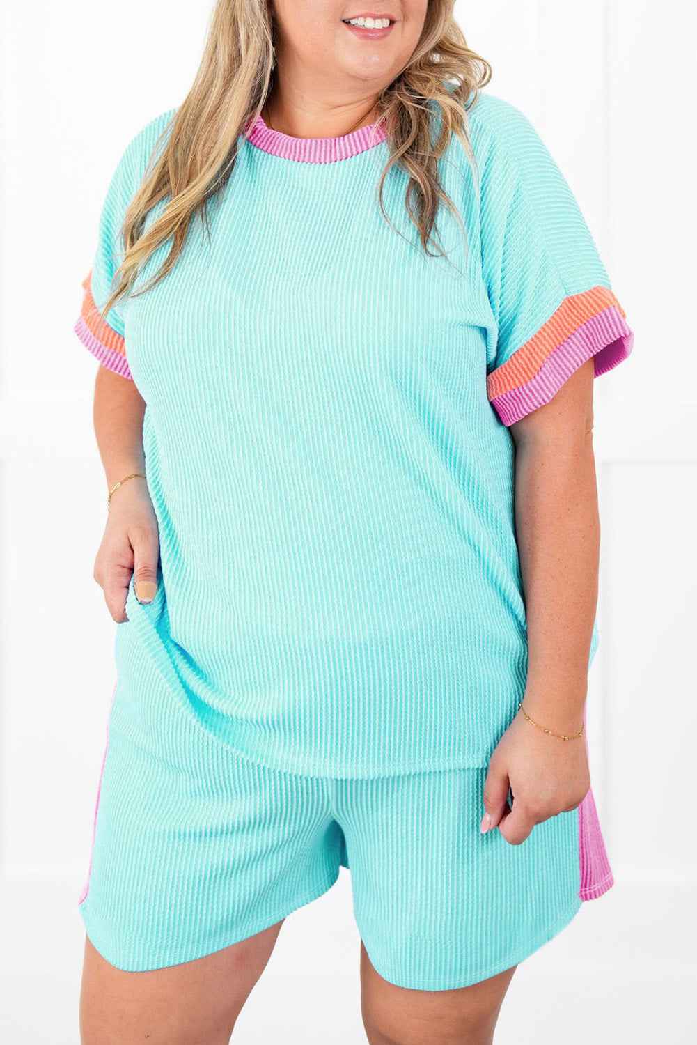 Bonbon Colorblock Corded Plus Size Two Piece Shorts Set Light Blue 2211551bb0ee0c76