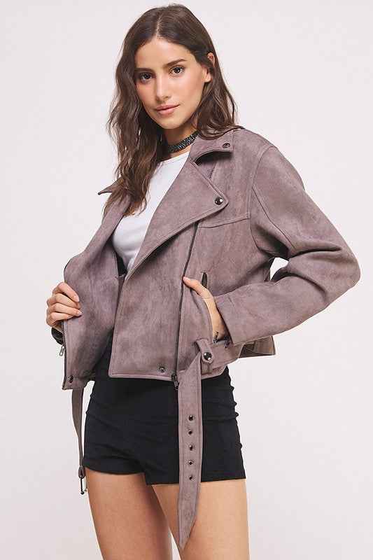 BELTED LONG SLEEVE ZIPPERED SUEDE MOTO JACKET GREY 22158170_04d25e68-d6f1-49f9-a13e-7a3fe6dfe752
