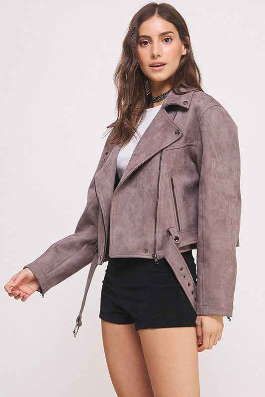 BELTED LONG SLEEVE ZIPPERED SUEDE MOTO JACKET 22158170_0963c571-2268-44ec-a46e-1ac2fda5b848