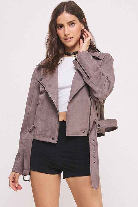 BELTED LONG SLEEVE ZIPPERED SUEDE MOTO JACKET 22158170_2d3d9b20-030c-4b4a-9ce2-e4330660a5a3