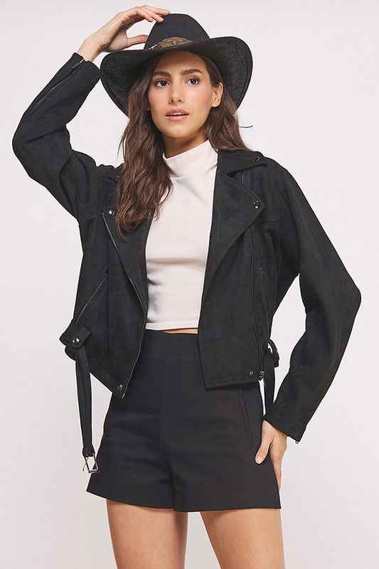 BELTED LONG SLEEVE ZIPPERED SUEDE MOTO JACKET 22158170_311c6860-ae07-4d8f-98f4-d431add650ba