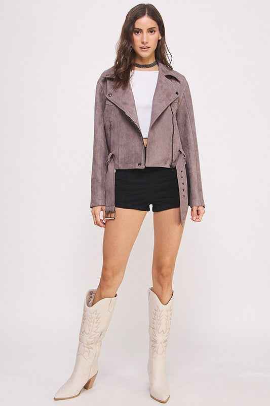 BELTED LONG SLEEVE ZIPPERED SUEDE MOTO JACKET 22158170_79f230ab-70d9-4864-b686-5f772d59b9fd