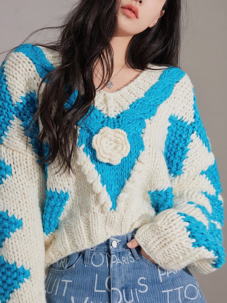 The Floral Diamond-Panel V-Neck Sweater 22165F33B22CB1E357F9F2C1FFAAD694