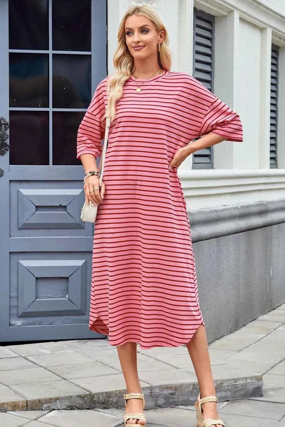 Lovelet Contrast Striped Half Sleeve Midi Tee Dress 2216f978-ab9b-4597-8faf-219e6f9fd159-Max