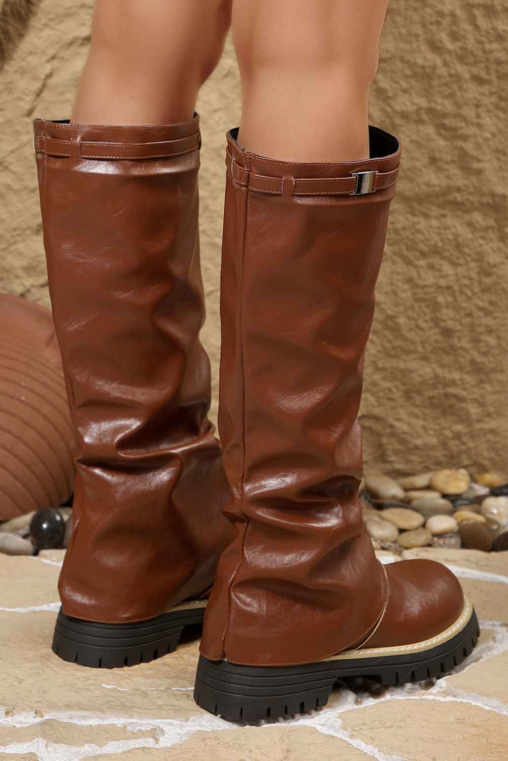Coffee PU Leather Belted Detail Knee High Boots 221a571ec07f7f6a