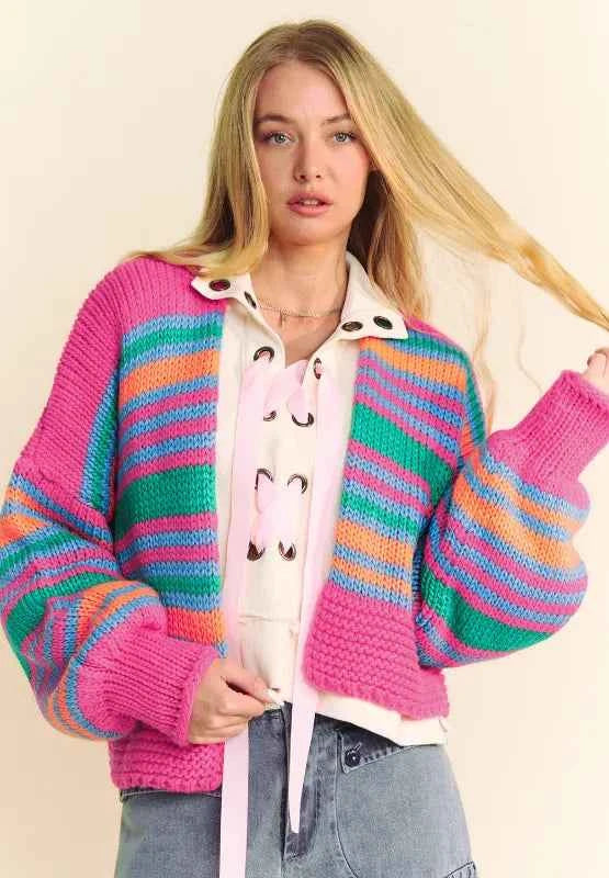 Contrast Striped Open Front Long Sleeve Cardigan 221a5efa-4811-43b8-a92f-0b51e520931e-Max