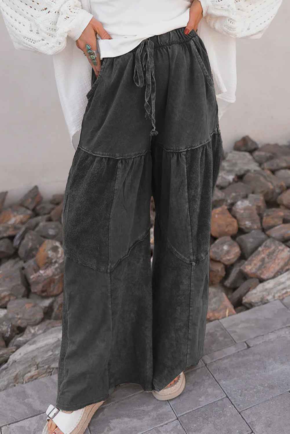 Ashleigh Blue Careys Mineral Wash Tiered Wide Leg Patchwork Drawstring Pants Black 85%Cotton+15%Polyester 221b2750e0dbcde4