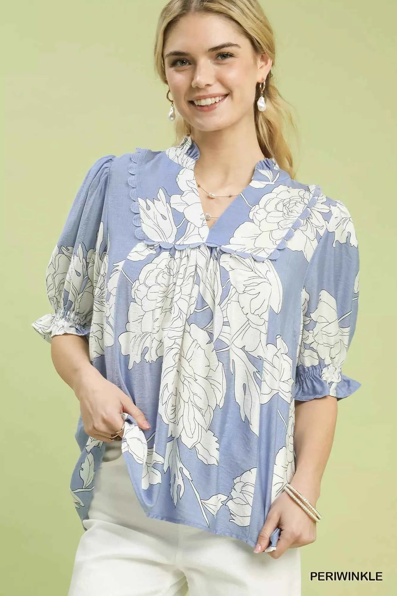 Umgee Peony Illustration Print Top with Scalloped Trim PERIWINKLE 221c64eb-742a-47ae-bef4-80bc081017ac-Max-Origin