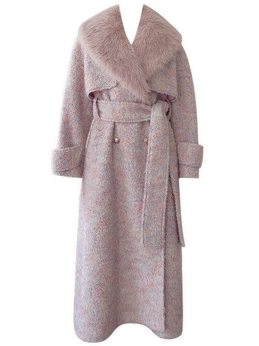 Belted Wool Blend Coat with Detachable Fur Collar