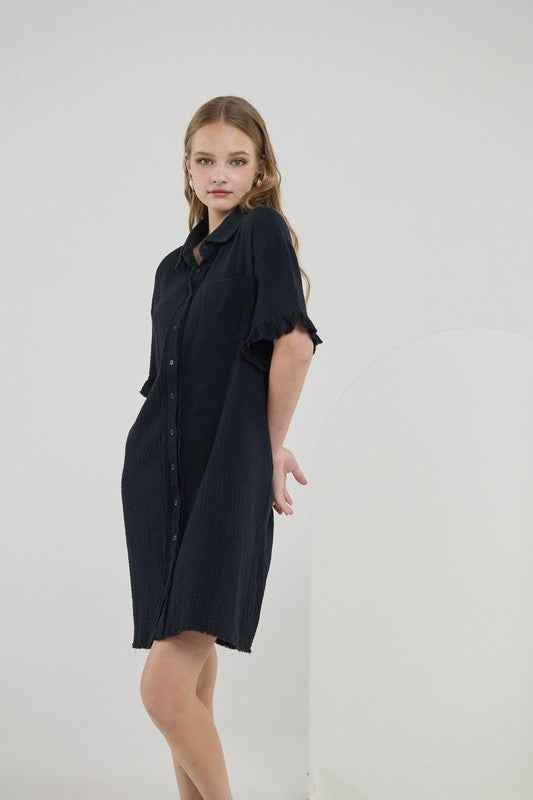 Plus Frayed Edges Breezy Button down Shirt Dress Black 22223699_4297430d-b300-4ea1-a132-77e77497101a