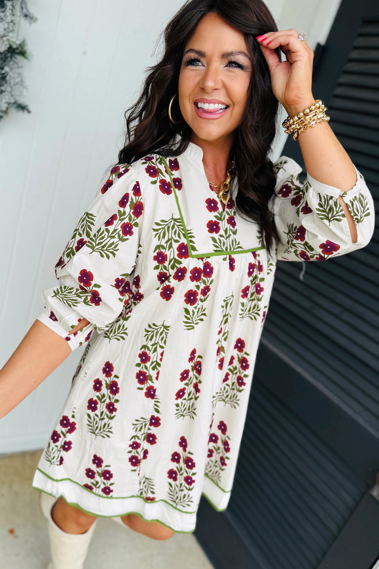White Frilled V Neck 3/4 Sleeve Loose Floral Dress 22224c3c10944281